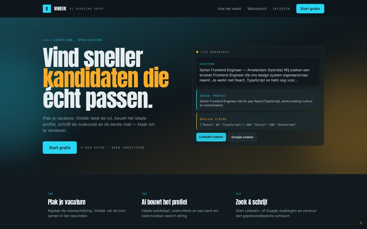 Homepage van Vindek